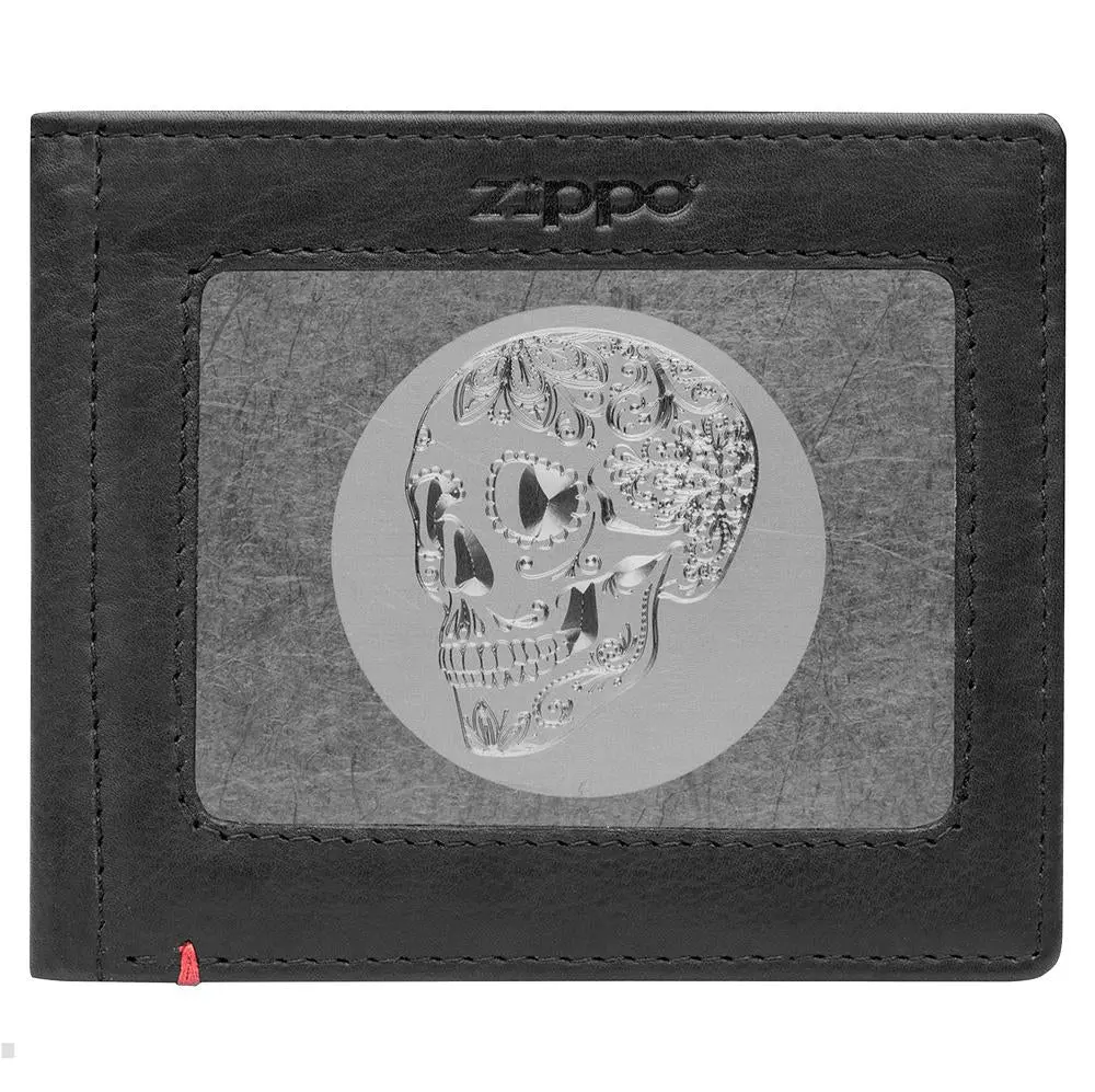 Black Leather Wallet- Skull Metal Plate Design 1