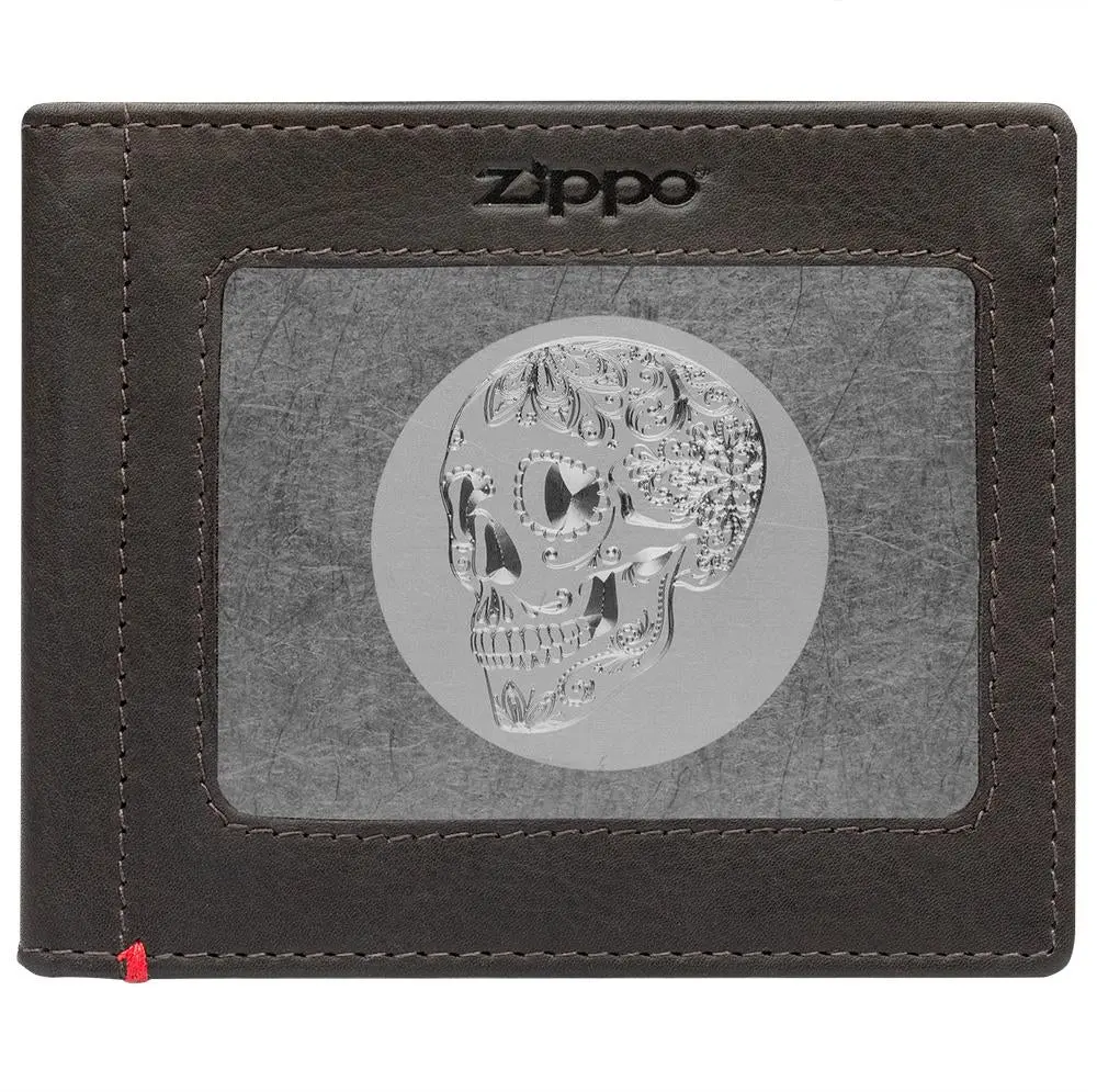 Mocha Leather Wallet- Skull Metal Plate Design 1