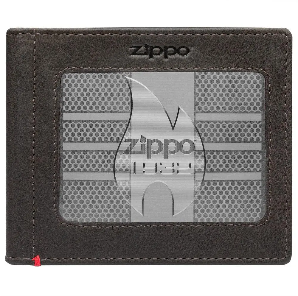 Mocha Leather Wallet- Zippo 1932 Metal Plate Design 1