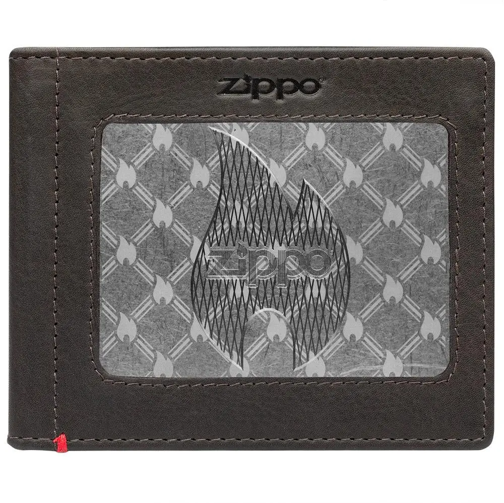Mocha Leather Wallet- Zippo Flame Metal Plate Design 1