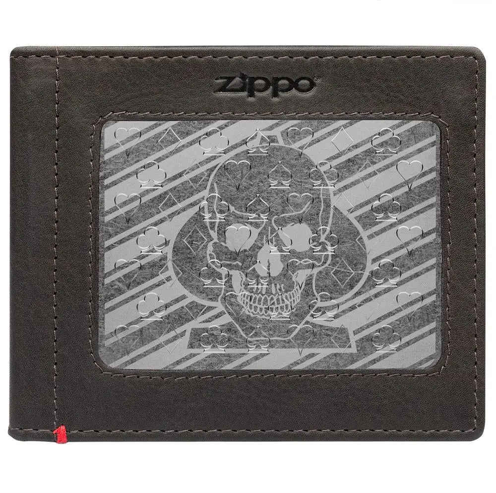 Mocha Leather Wallet- Spade Skull Metal Plate Design 1