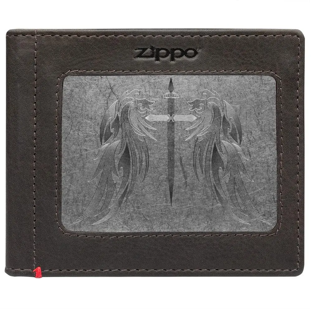 Mocha Leather Wallet- Cross Wings Metal Plate Design 1