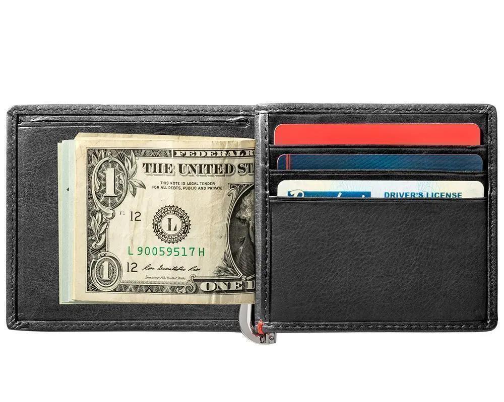 Black Leather Wallet- Zippo Flame Metal Plate Design 4