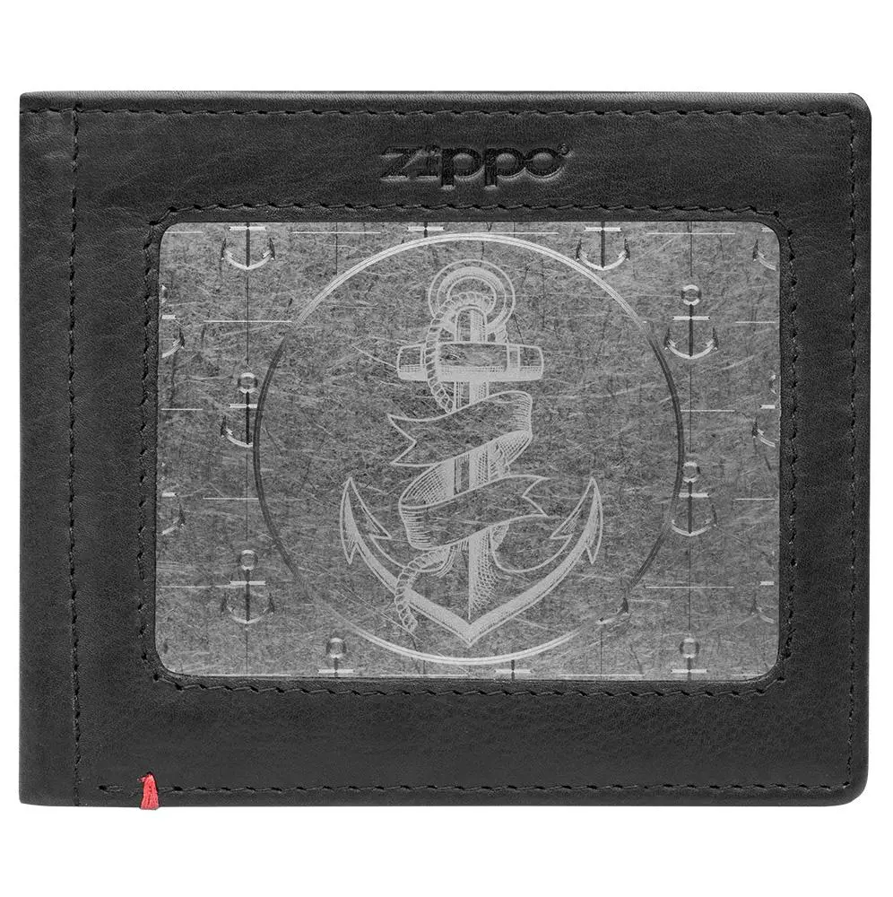 Black Leather Wallet- Anchor Metal Plate Design 1