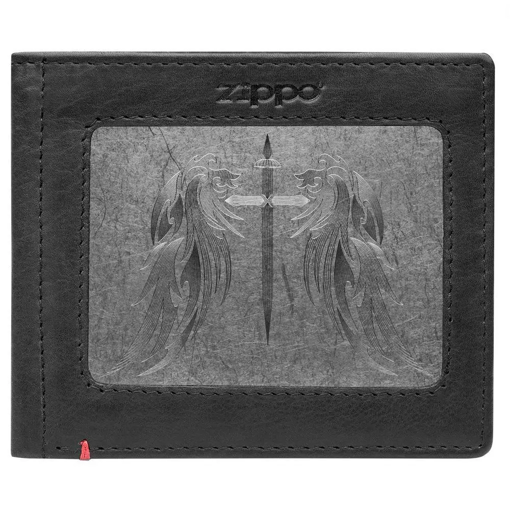 Black Leather Wallet- Cross Wings Metal Plate Design 1