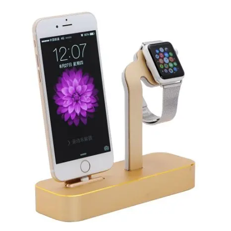 Apple Watch Stand, [Uniquekay] 2-1 Premium Aluminum Charging Dock Station Stand Holder For Apple Iwatch & Iphone(Iphone 5/ 5S/ 6/ 6 Plus, Apple Watch / Sport / Edition Model) (Gold) 1