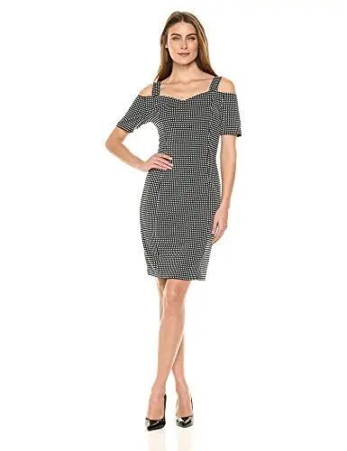 Lark & Ro Women's Short Cold Shoulder Dress With Bardot Neck Line, Black/White Jacquard Knit, Large 1