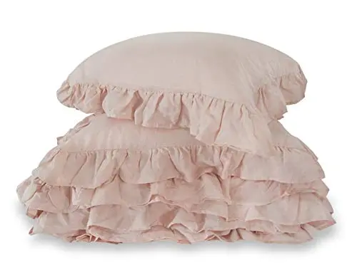 Meadow Park Stone Washed French Linen Duvet Cover Set 3 Pieces- Super Soft, Queen Size 90" X 94" - Shams 20" X 26", Ruffled Style - Button Closure - Corner Ties, Pale Pink Color 1