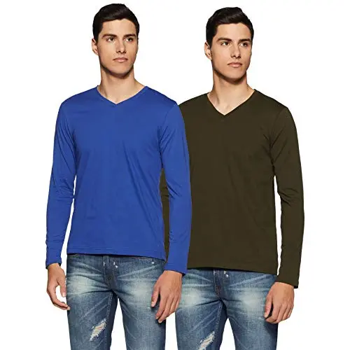 Amazon Brand - Symbol Men's Cotton T-Shirt (Pack Of 2) (Aw18alk6po2c_Blue Md Melange + Khaki_M) 1
