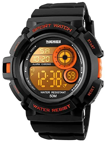 Mens Multi Function Digital Alarm Stopwatch Led Backlight Quartz Watches 50M Waterproof Electronic Sports Watch Orange 1