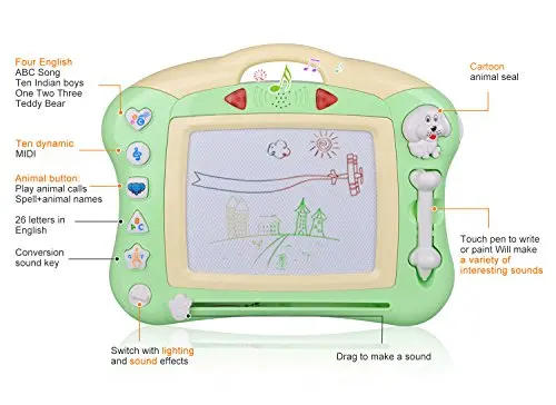 Meland Magnetic Drawing Board - Magna Drawing Doodle Board For Kids Toddlers With Light And Music (Green) 2