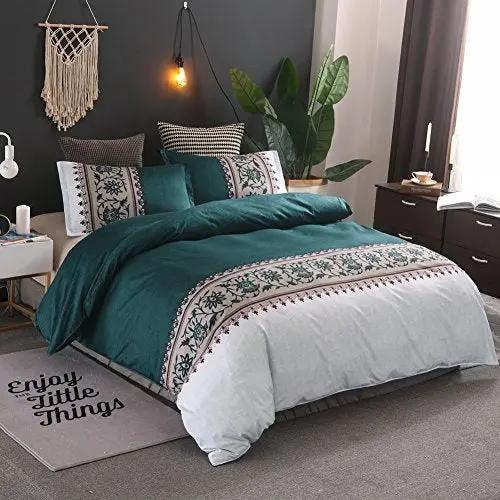 Linen_Specialist Floral Duvet Cover Set Olive Green Duvet Cover Set Floral Bedding Light Set Grey Bedding Set Queen(90"X90") 1 Duvet Cover 2 Pillowcases 2