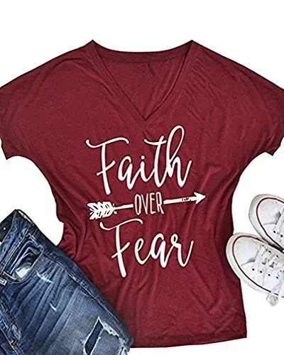 Feel Show Women's Casual Letters Printed T-Shirt Short Sleeves Faith Over Fear Arrow Tee Tops Blouse 1