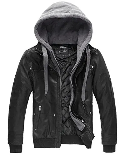 Wantdo Men's Leather Jacket With Removable Hood - - 1
