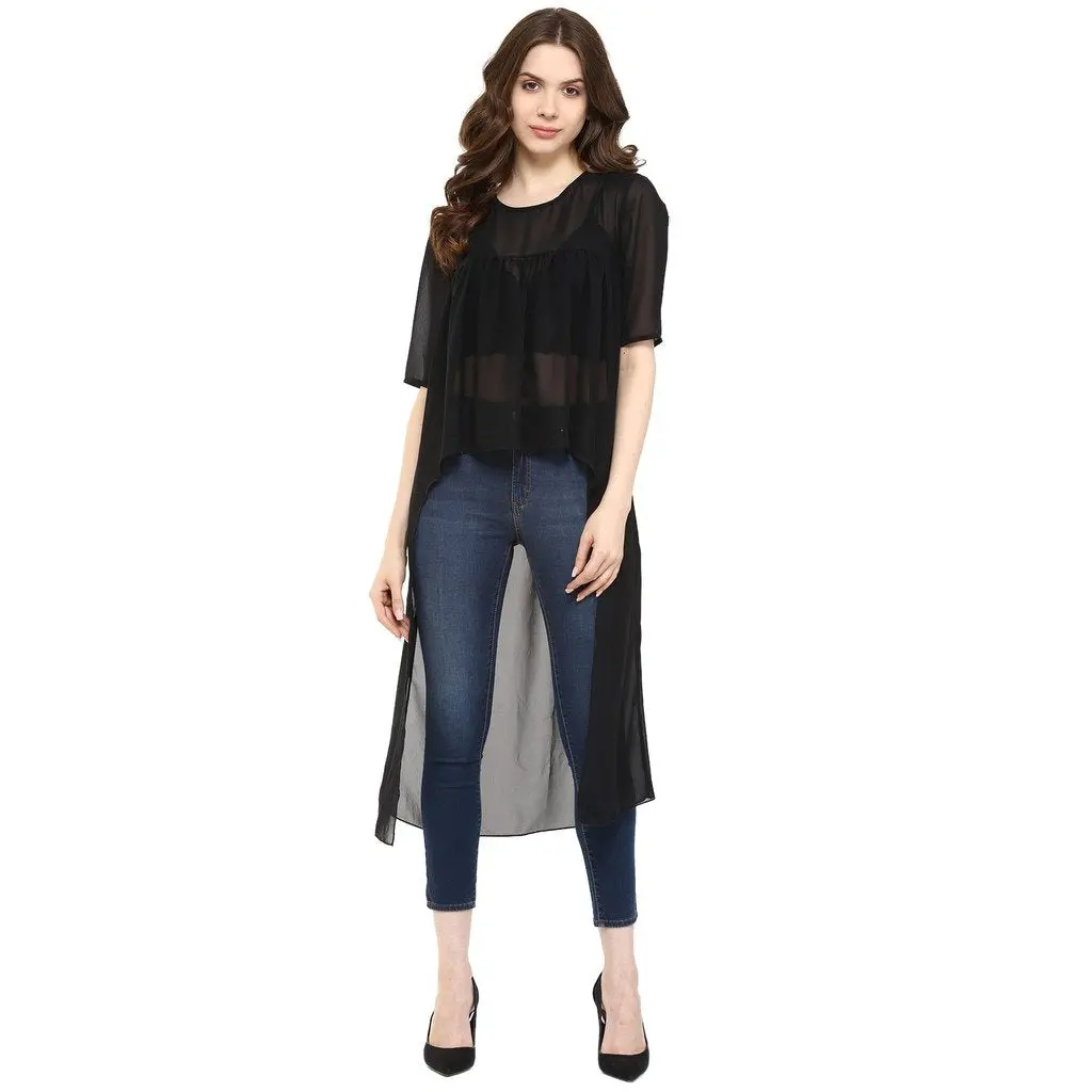 Pannkh Women's Black Cotton Asymmetric Solid Top 1
