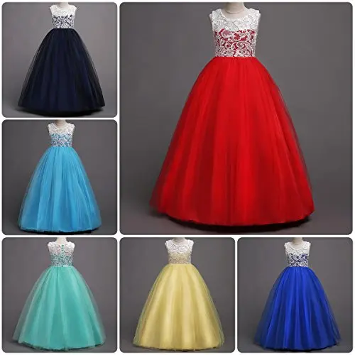 Little Big Girls’ Tulle Dresses 7-16T Flower Lace Pageant Party Wedding Bridesmaid Floor Length Dance Evening Gowns 1