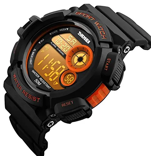 Mens Multi Function Digital Alarm Stopwatch Led Backlight Quartz Watches 50M Waterproof Electronic Sports Watch Orange 2
