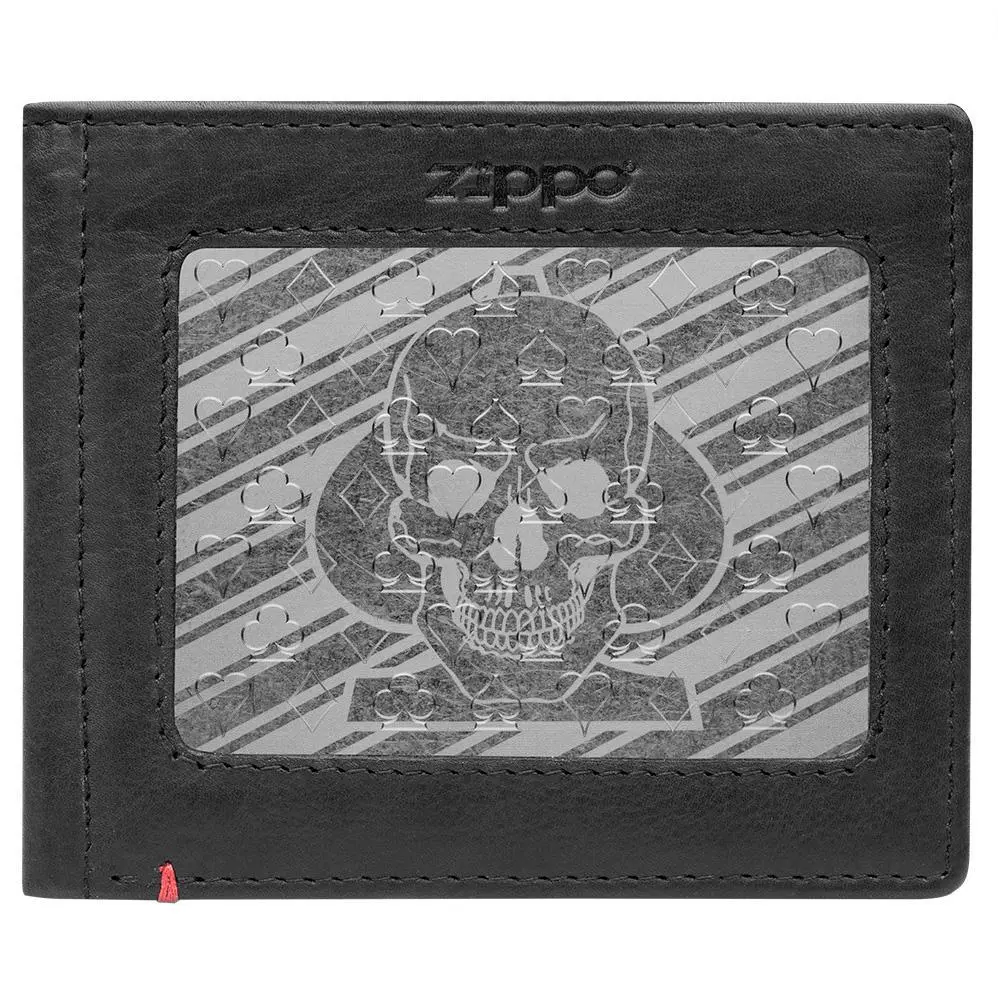 Black Leather Wallet- Spade Skull Metal Plate Design 1