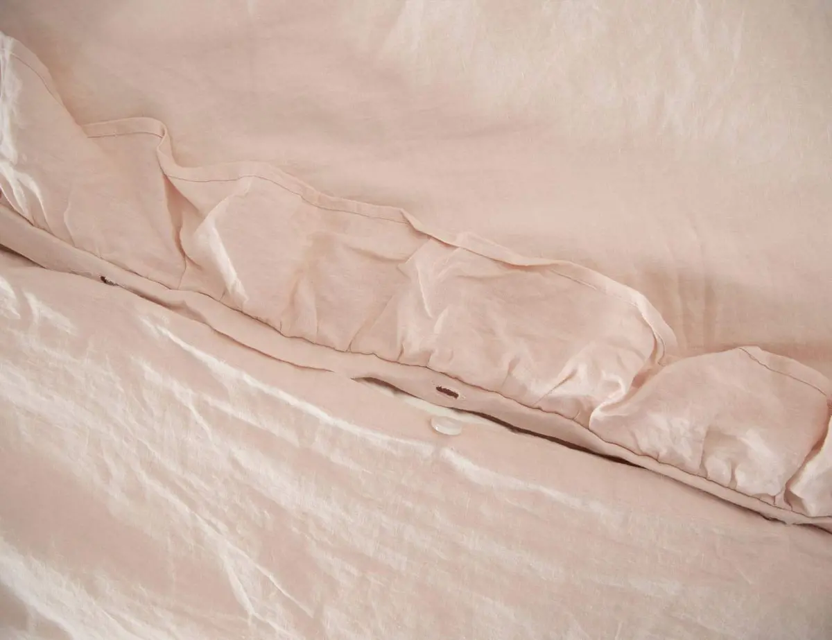 Meadow Park Stone Washed French Linen Duvet Cover Set 3 Pieces- Super Soft, Queen Size 90" X 94" - Shams 20" X 26", Ruffled Style - Button Closure - Corner Ties, Pale Pink Color 1