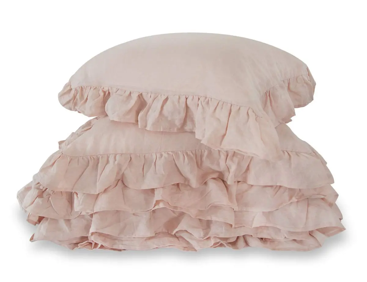 Meadow Park Stone Washed French Linen Duvet Cover Set 3 Pieces- Super Soft, Queen Size 90" X 94" - Shams 20" X 26", Ruffled Style - Button Closure - Corner Ties, Pale Pink Color 1