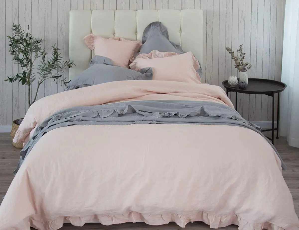 Meadow Park Stone Washed French Linen Duvet Cover Set 3 Pieces- Super Soft, Queen Size 90" X 94" - Shams 20" X 26", Ruffled Style - Button Closure - Corner Ties, Pale Pink Color 2