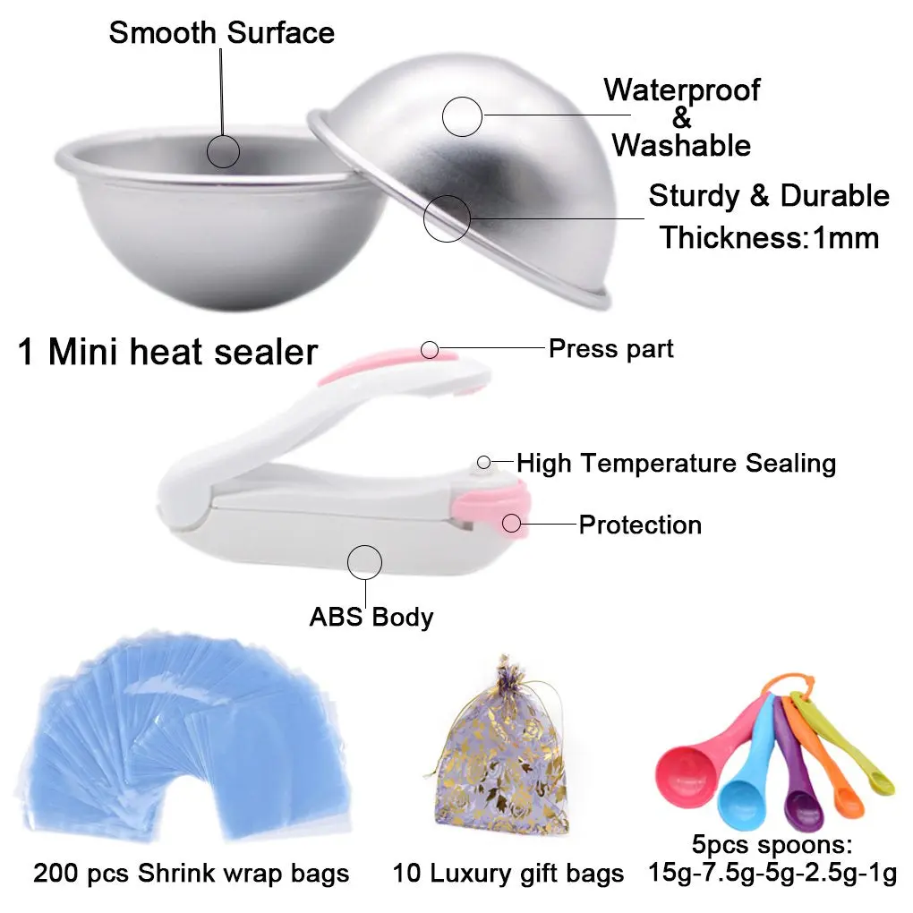Bath Bomb Mold Set 228 Pieces - 200 Packs Shrink Wrap Bags12 Pieces Of Diy Metal Mouldspoonsgift Bagsmini Heat Sealer (Instruction Included) 2