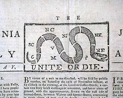 Famous Unite Or Die Benjamin Franklin Cartoon Print 1774 Philadelphia Newspaper 2