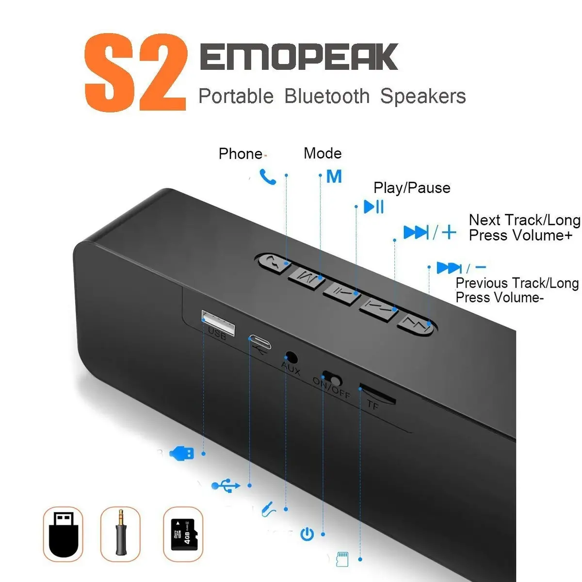 Wireless Bluetooth Speaker, Bestipik S2 Outdoor Stereo Bluetooth 4.2 Speaker, Hd Audio And Enhanced Bass, Built-In Dual Driver Speakerphone, Handsfree Calling, Fm Radio,Tf Card Slot 2