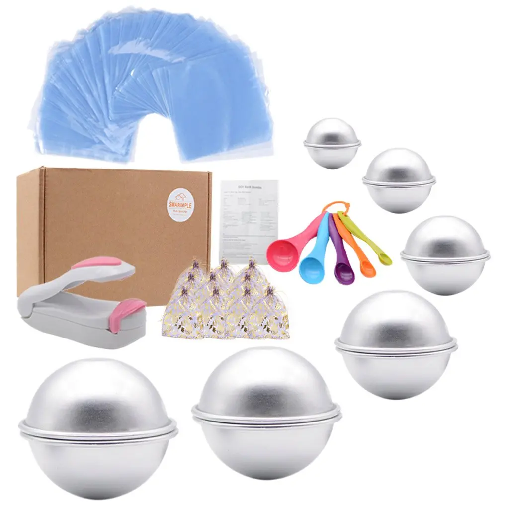 Bath Bomb Mold Set 228 Pieces - 200 Packs Shrink Wrap Bags12 Pieces Of Diy Metal Mouldspoonsgift Bagsmini Heat Sealer (Instruction Included) 1