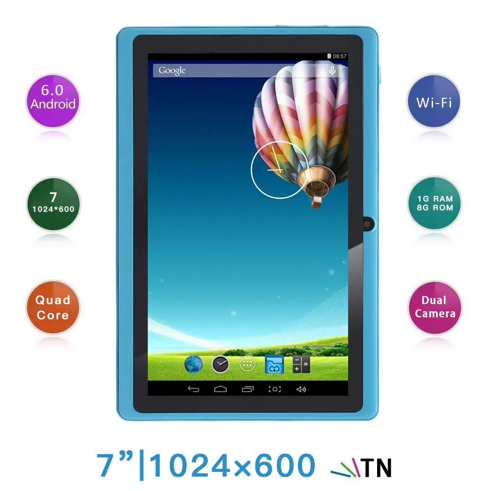 Haehne 7 Pouces Tablette Tactile, Google Android 6.0 Quad Core Tablet Pc, Écran 1024X600 Hd, 1Go Ram 8Go Rom, Double Caméras, Wifi, Bluetooth, Bleu Ciel 2