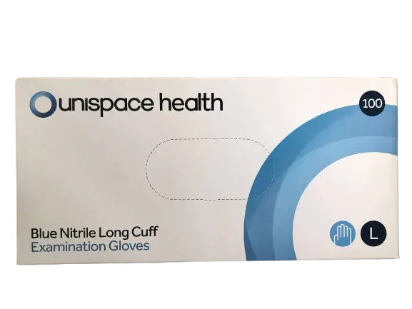 Unispace Nitrile Blue Powder Free Workshop Gloves Size Large X100 Long Cuff 1