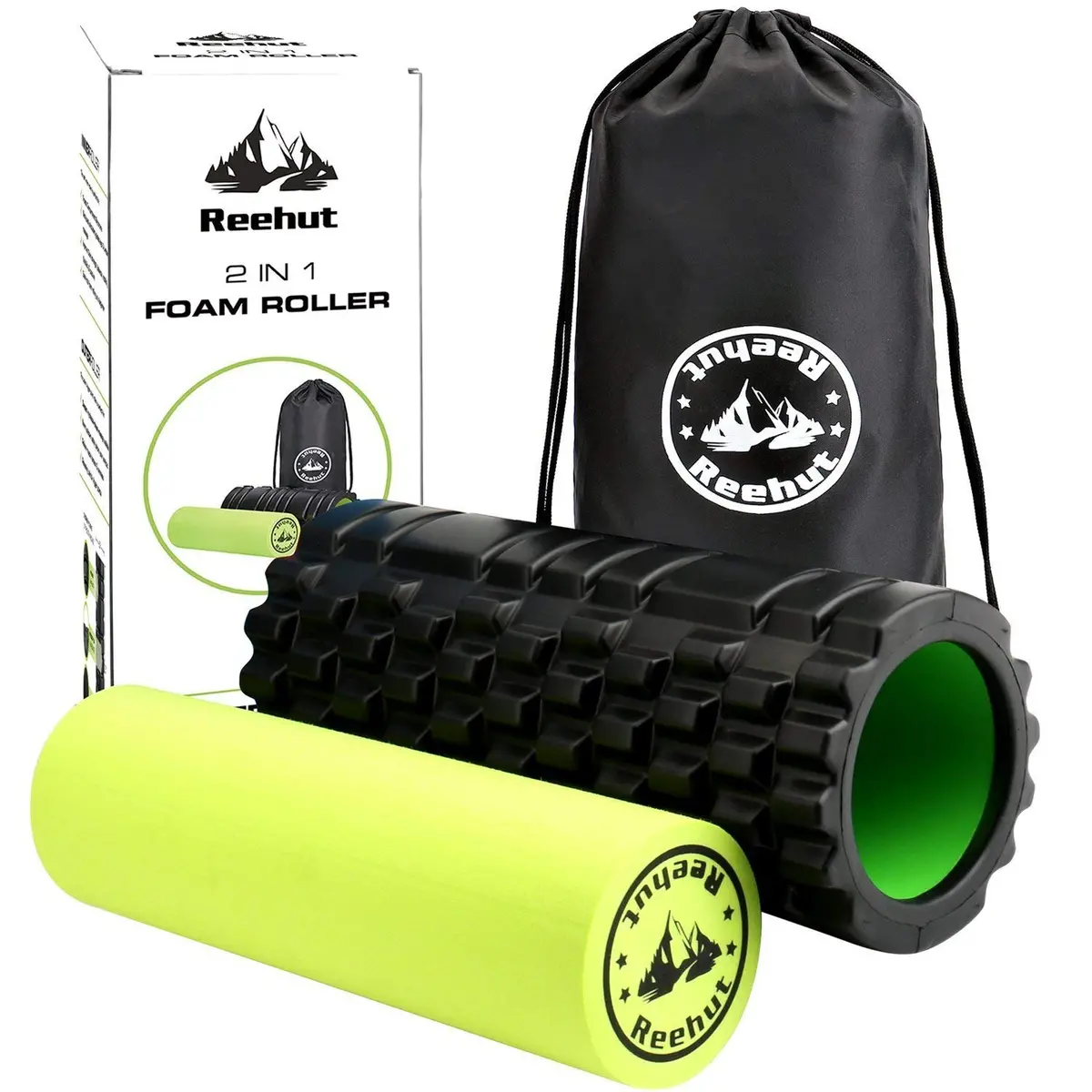 Reehut 2-In-1 Foam Roller Trigger Point Massage For Painful, Tight Muscles + Smooth Rollers For Rehabilitation! Free User E-Book + Free Carry Case! Black 1
