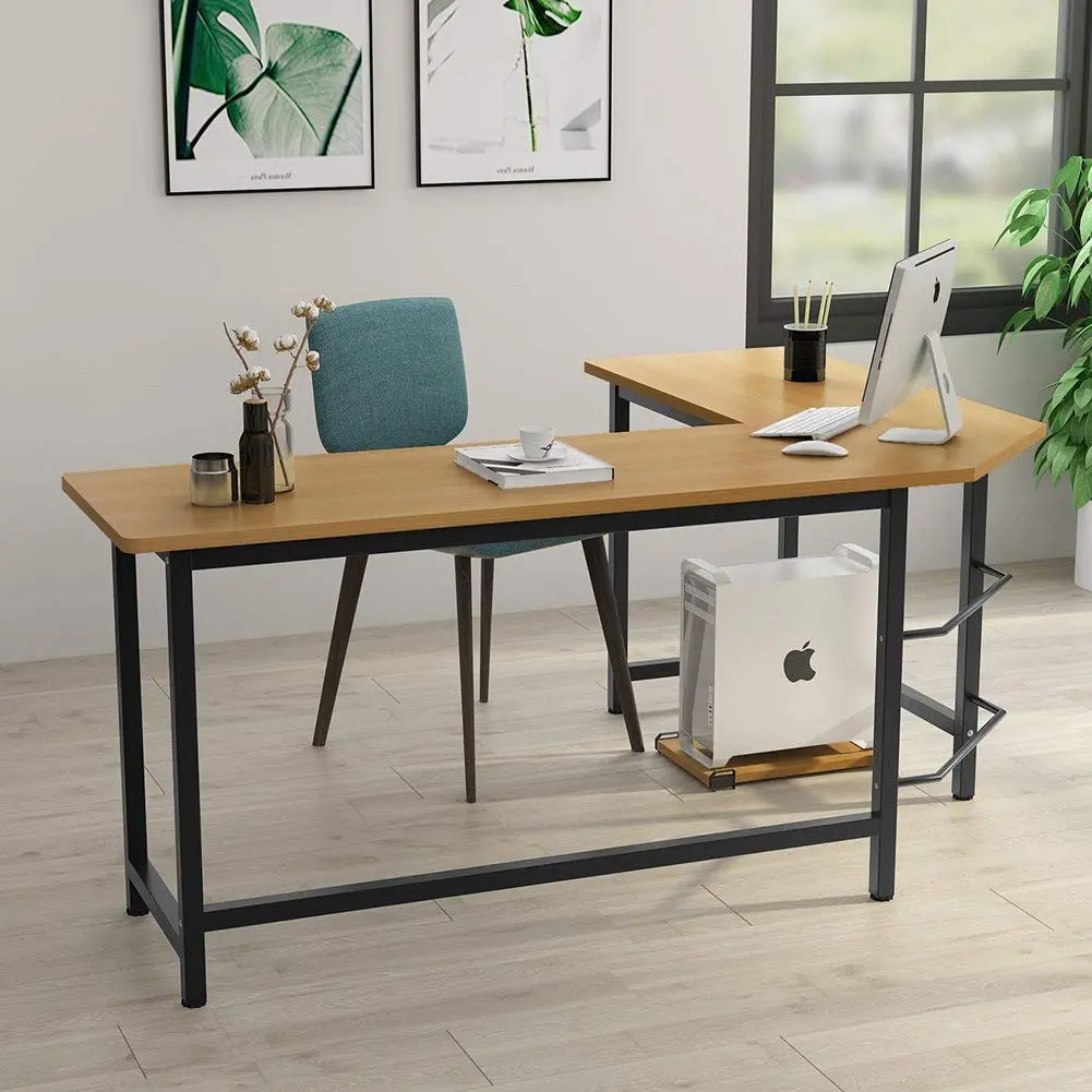Tribesigns Modern L-Shaped Desk Corner Computer Desk Pc Latop Study Table Workstation Home Office Wood & Metal (Teak) 2