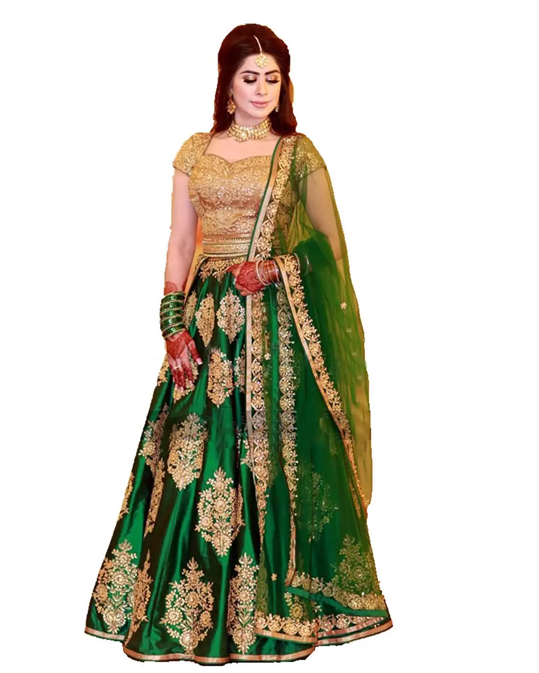 Red Lion Enterprise Women's Australian Silk Semi-Stitched Anarkali Crop Top (Green, 24W X 32 L) 1