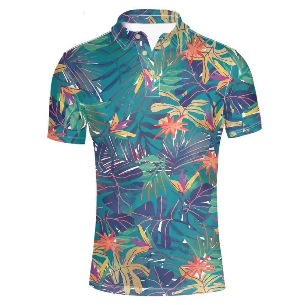 Hugs Idea Men's Peerformance Jersey Polos Shirt Hawaiian Short Sleeve Leaves Pattern T-Shirts Breathable Athletic Sport Tee 1