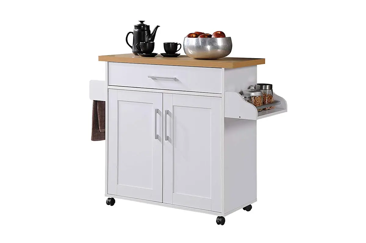Hodedah Kitchen Island With Spice Rack, Towel Rack & Drawer, White With Beech Top 1