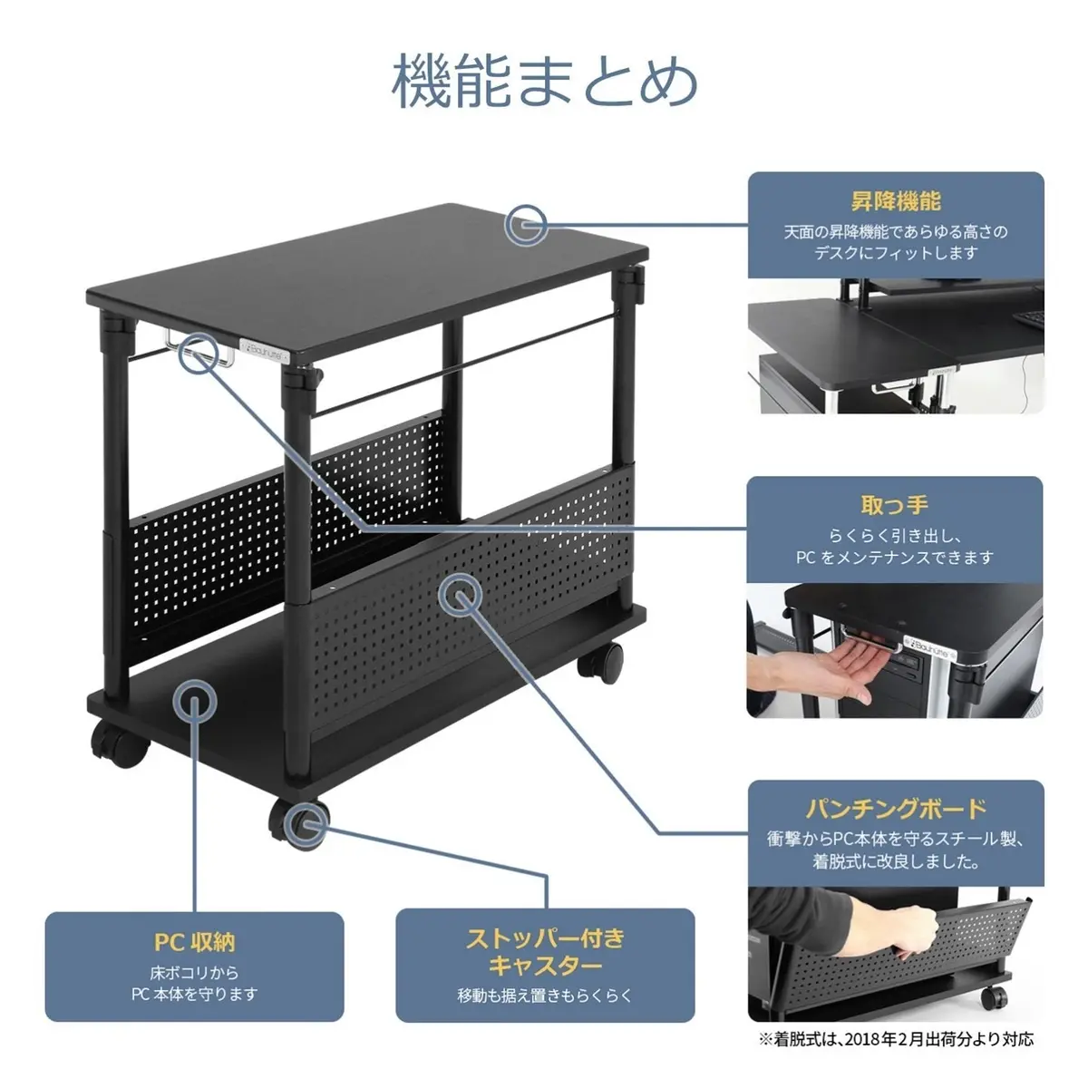 Bauhutte (バウヒュッテ) ゲーミングデスク 昇降式l字デスク Pcワゴン (天板32×67Cm×高さ57~78Cm) Bhd-670H-Bk 2