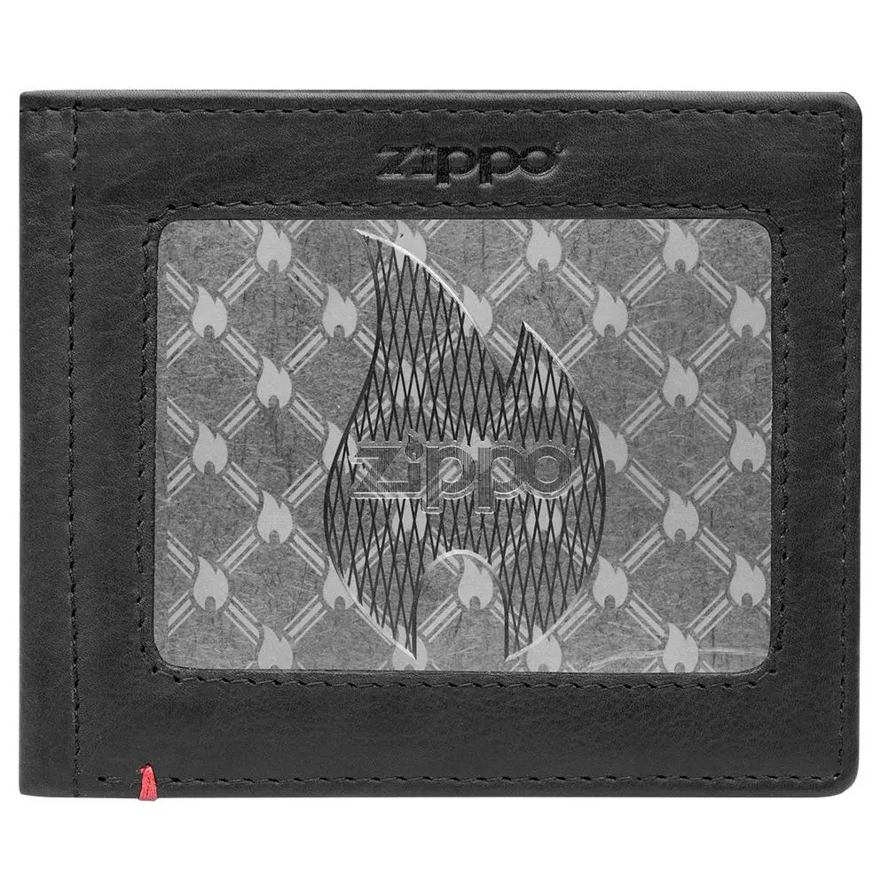 Black Leather Wallet- Zippo Flame Metal Plate Design 1