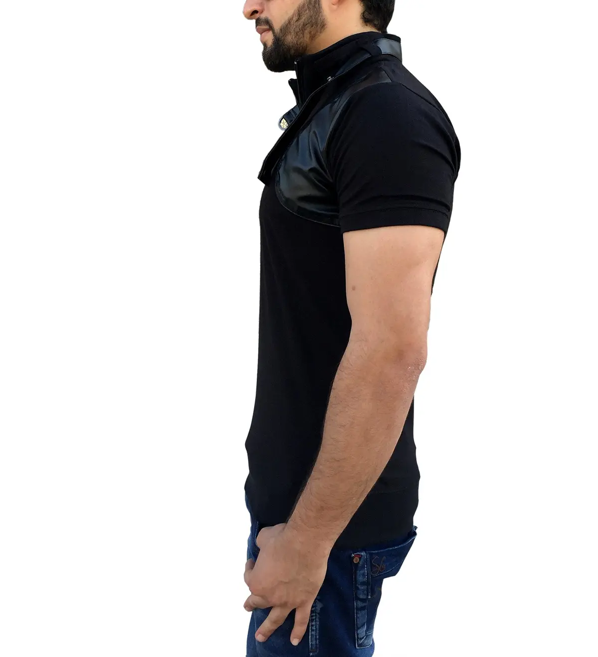 Tees Collection Men's Stylish Leather Flap Dragon Neck T-Shirt (Black_Tclf001) 1