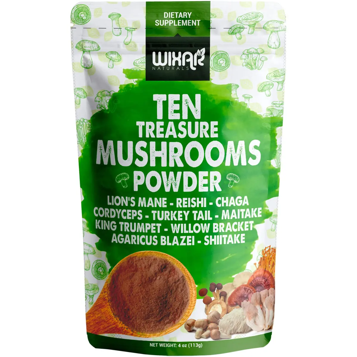 Wixar Mushroom Powder - Ten Treasure Mushrooms Extract Supplement Blend For Coffee & Smoothies - Lions Mane, Turkey Tail, Reishi, Chaga, Shiitake, Cordyceps, Complex - 4Oz Mushroom Supplement 1
