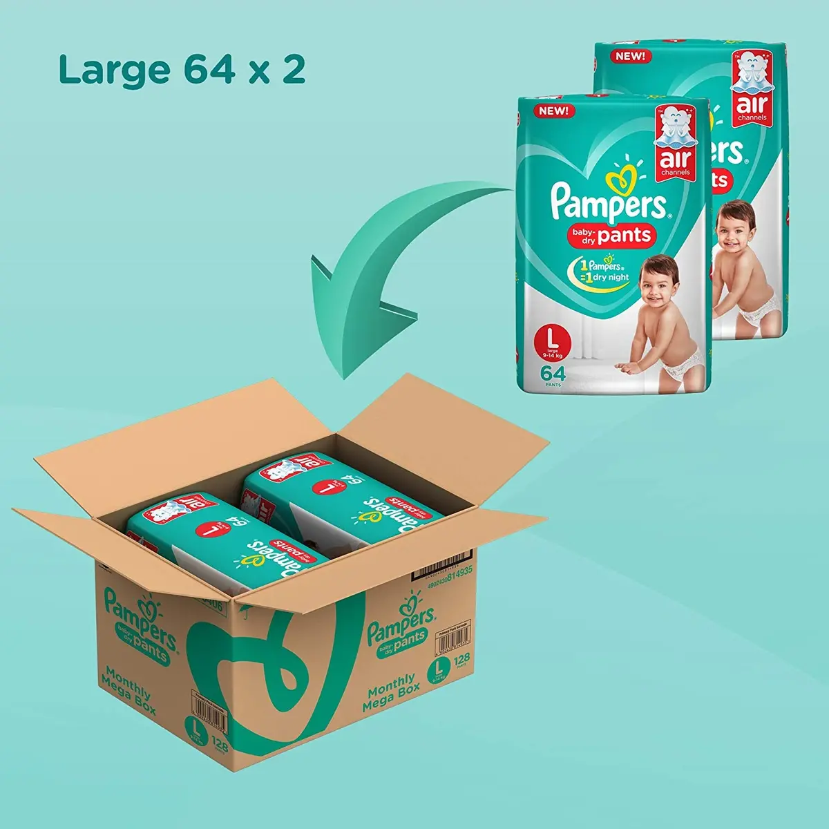 Pampers New Large Size Diapers Pants Monthly Box Pack, 128 Count 2