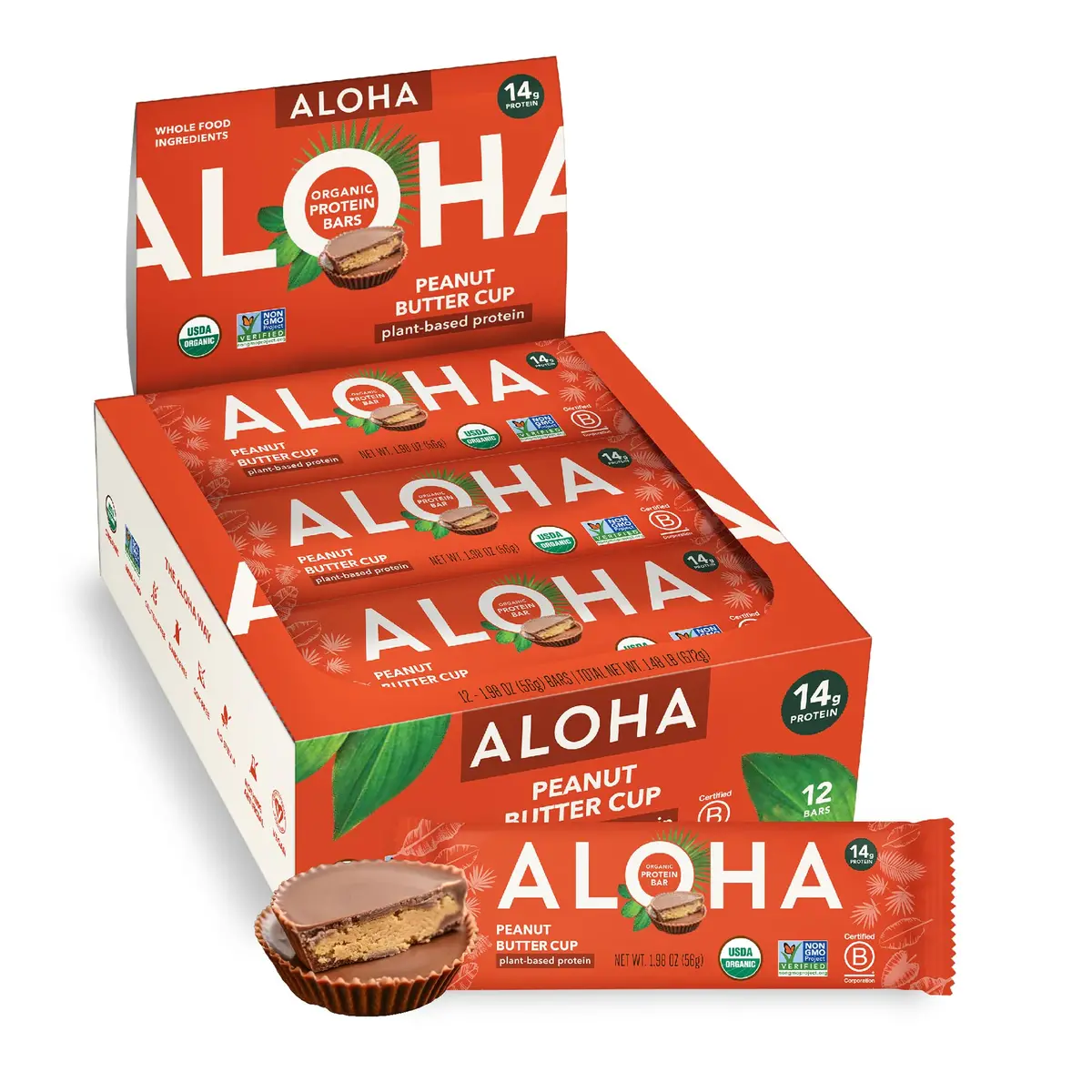 Aloha Organic Plant Based Protein Bars - Peanut Butter Cup Bar - 12 Bars, Vegan, Low Sugar, Gluten-Free, Low Carb, Non-Gmo, No Stevia, No Erythritol 1