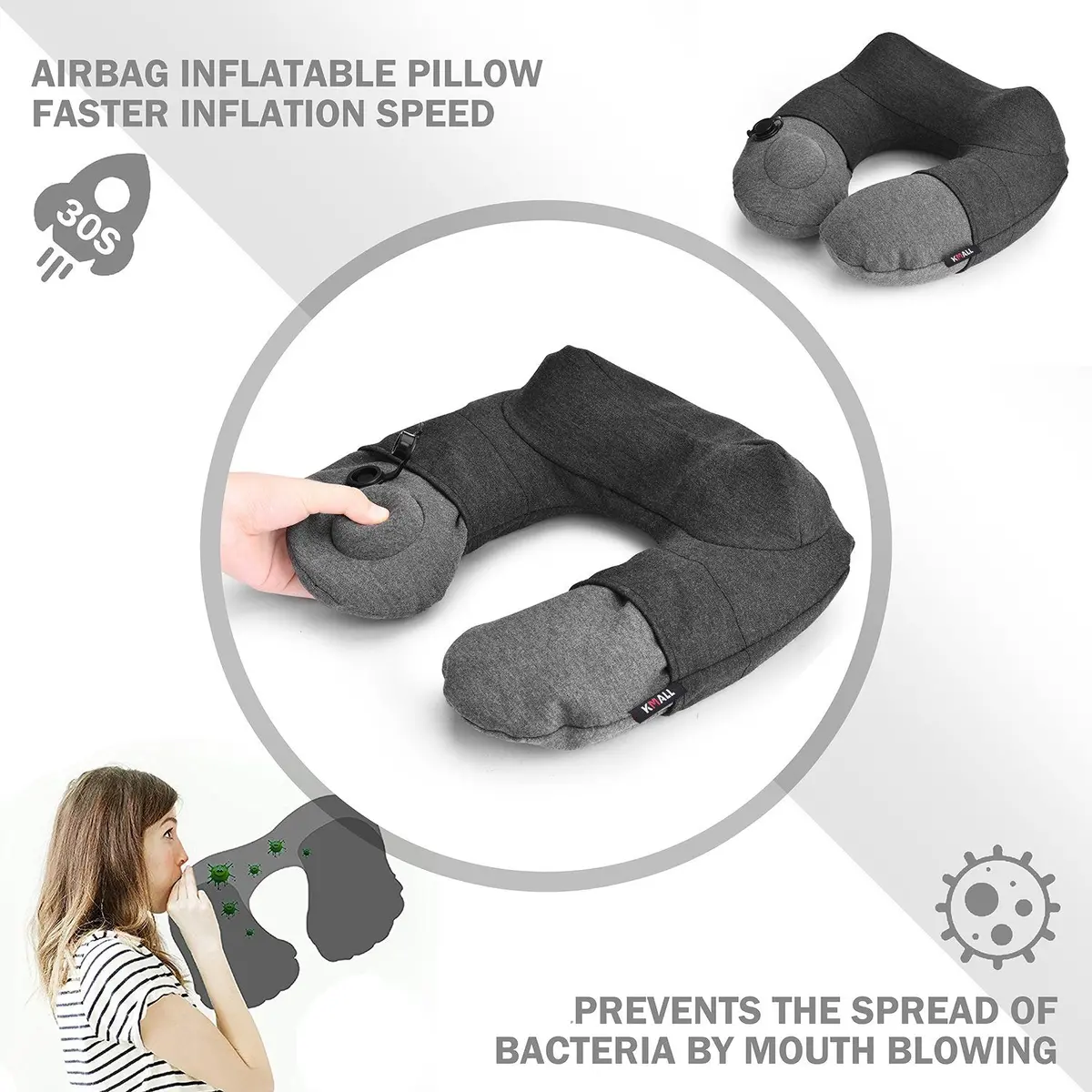 (Grey) - Inflatable Travel Pillow,Kmall Cool Travel Pillows For Aeroplanes Comfortable U Shape Inflatable Neck Pillow With Head And Neck Supports For Aeroplanes Travel,Car,Driving(Grey) 2