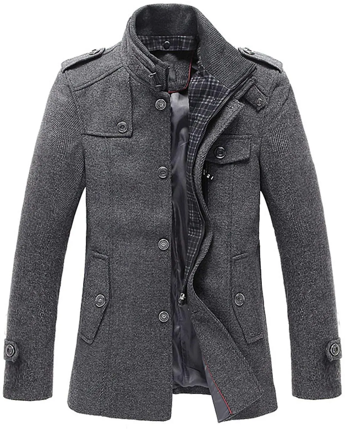 Chouyatou Men's Stand Collar Classic Pea Coat With Removable Inner Collar (Large, Gray) 1