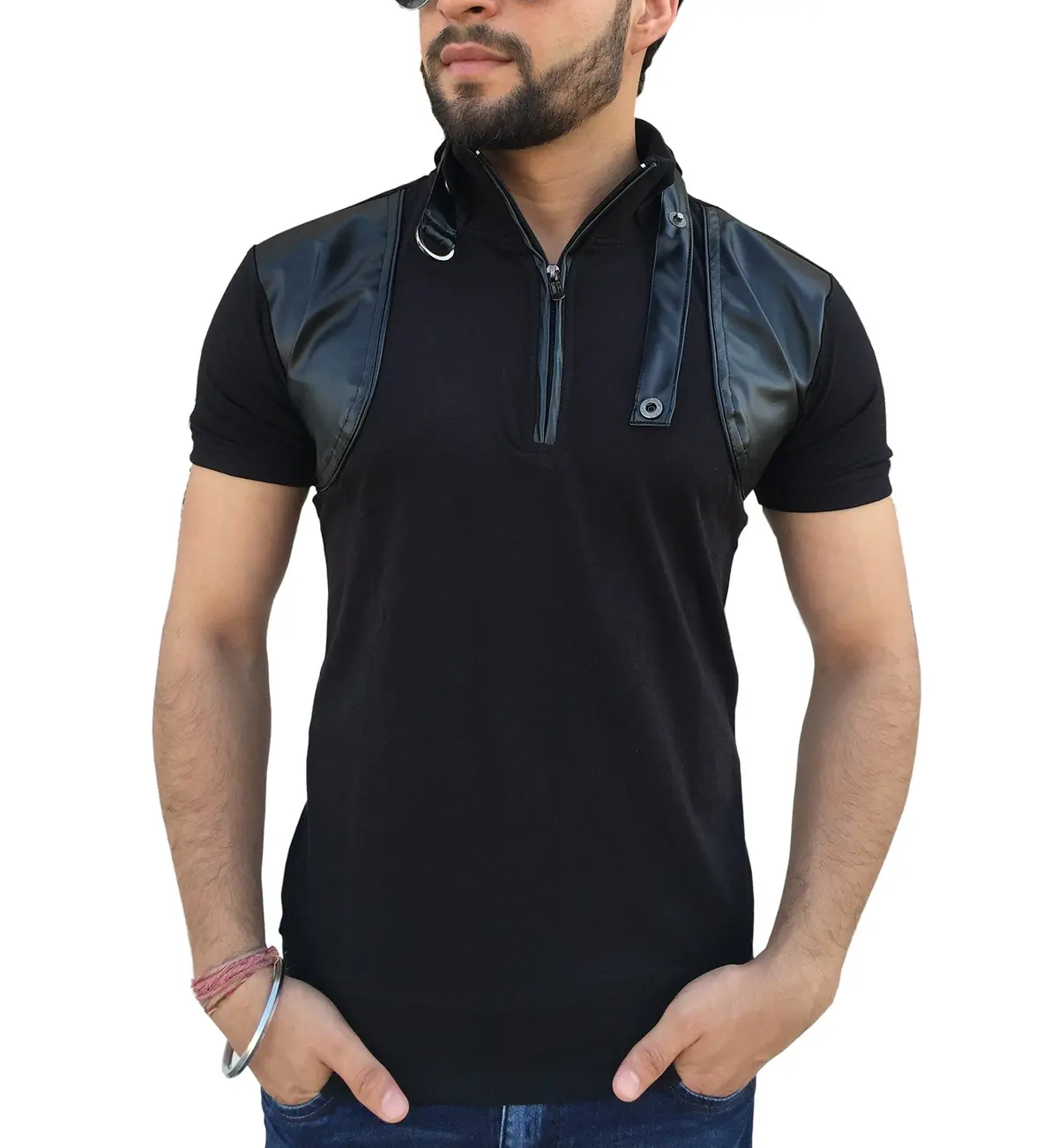 Tees Collection Men's Stylish Leather Flap Dragon Neck T-Shirt (Black_Tclf001) 2