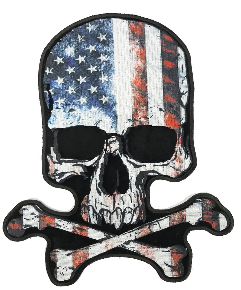 Jumbo Skull Vintage American Flag  Embroidered Patch 9 Inch 1