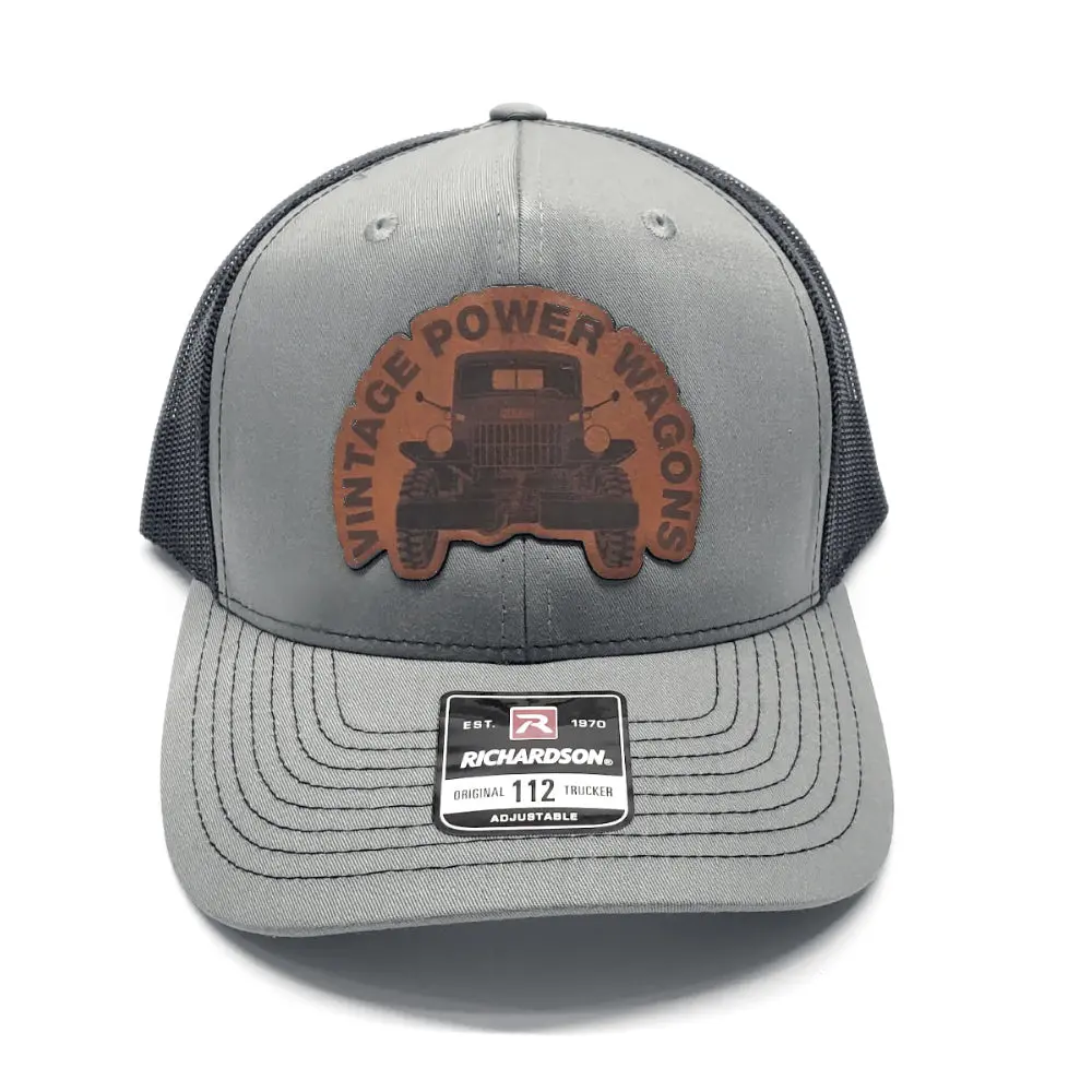 New Vpw Logo Gray & Black Hat With Brown Leather Patch - Adjustable, Mesh Back Trucker Cap - Acc-Logo-Cap-Gb-Br 1
