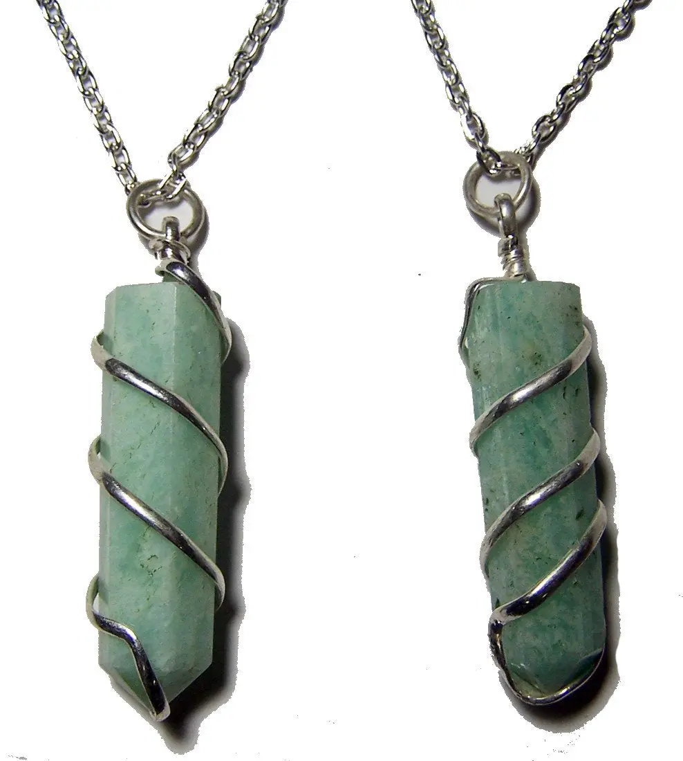 Amazonite Coil Wrapped Stone 18 Inch Silver Chian Necklace 1