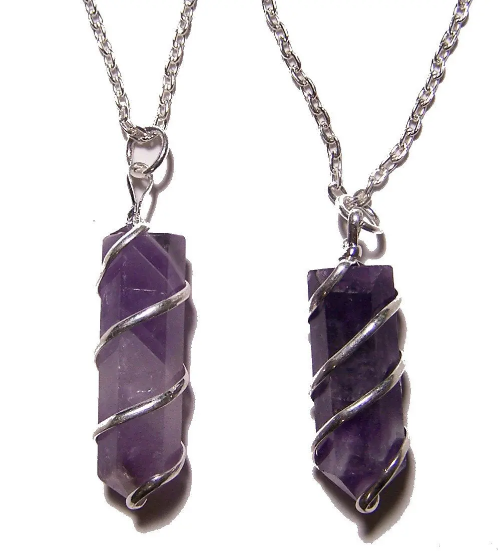 Amethyst Coil Wrapped Stone 18 Inch Silver Chian Necklace 1