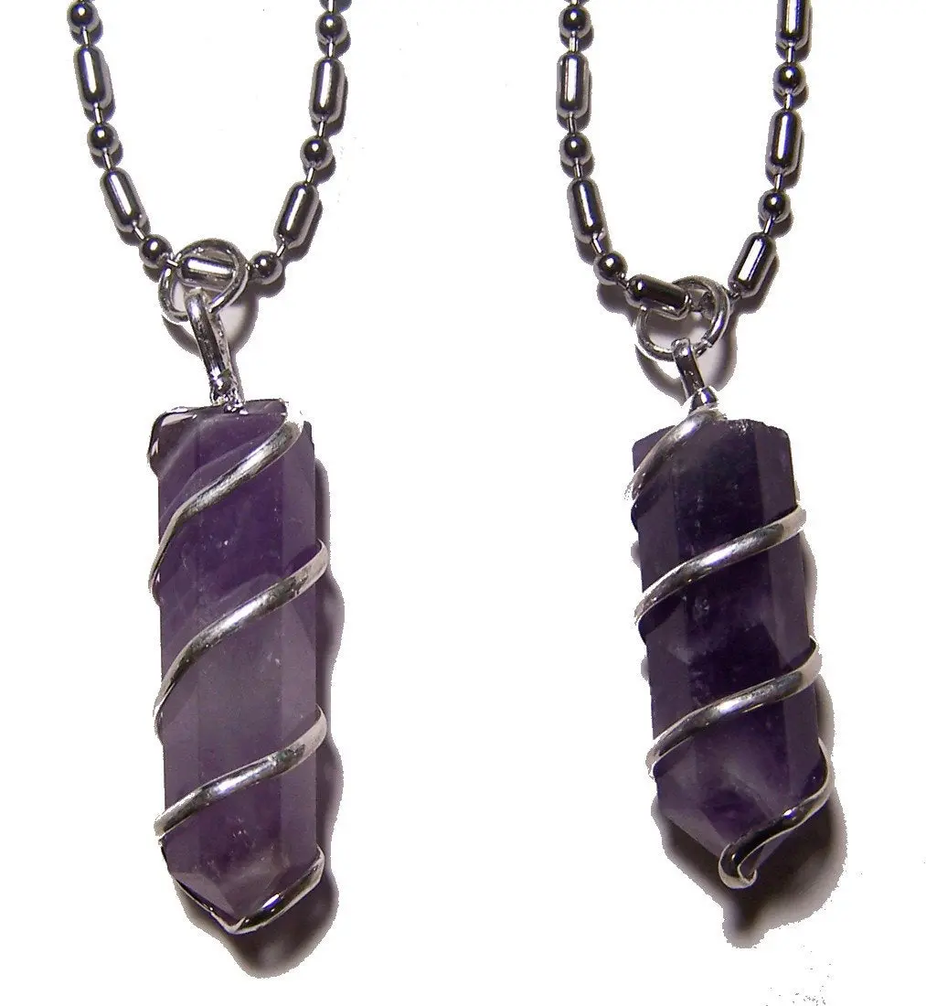Amethyst Coil Wrapped Stone Stainless Steel Ball Chian Necklace 1